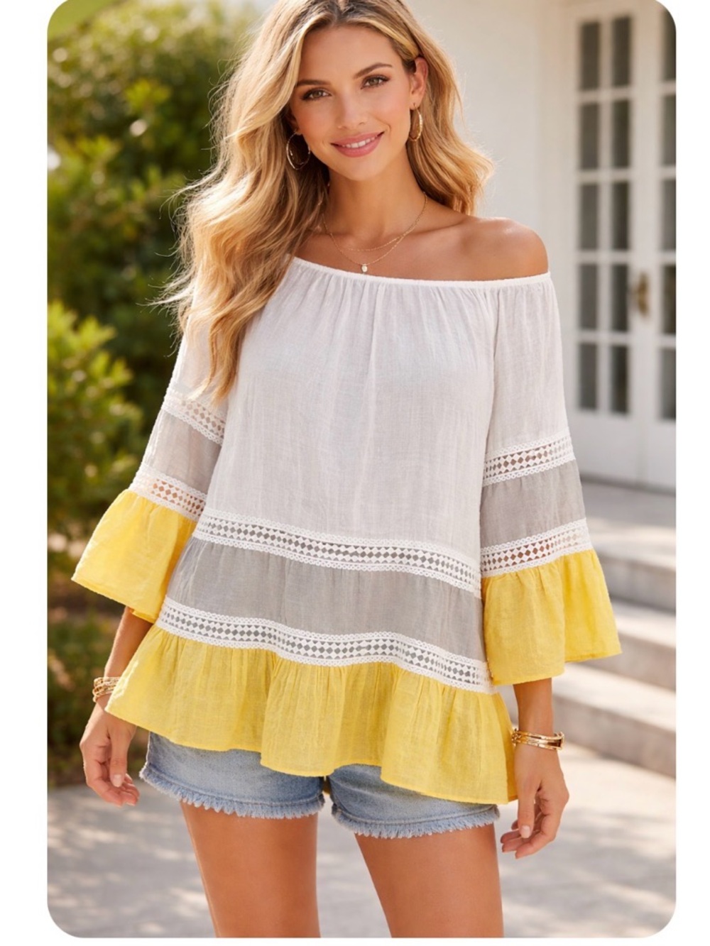 NWT Kaktus White and Yellow Off-Shoulder Tiered Lace-Trim Blouse size XL